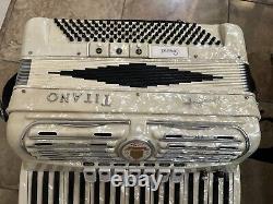 Vintage Titano Accordion Made in Italy, Pearl White Model Grand 17 Inch