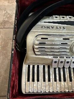 Vintage Titano Accordion Made in Italy, Pearl White Model Grand 17 Inch